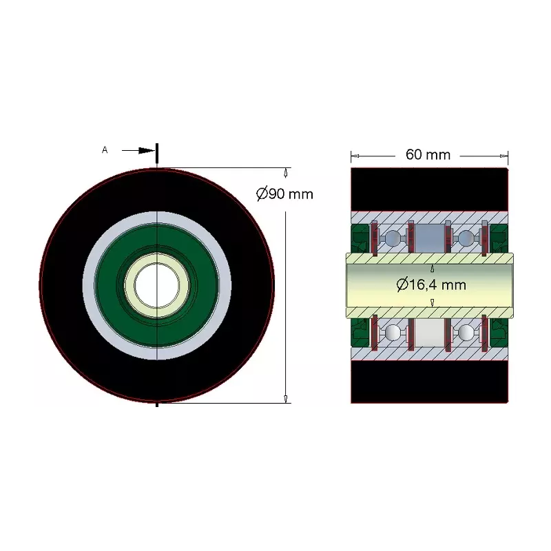 Rouleau n° 197 – rouleau de support en acier-caoutchouc Ø90 mm | fabricant KiJ