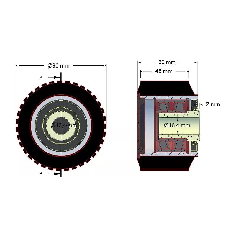Rouleau n° 204 – rouleau porteur en acier-caoutchouc Ø90 mm pour machines ROPA | OEM ROPA 252079 | fabricant KiJ