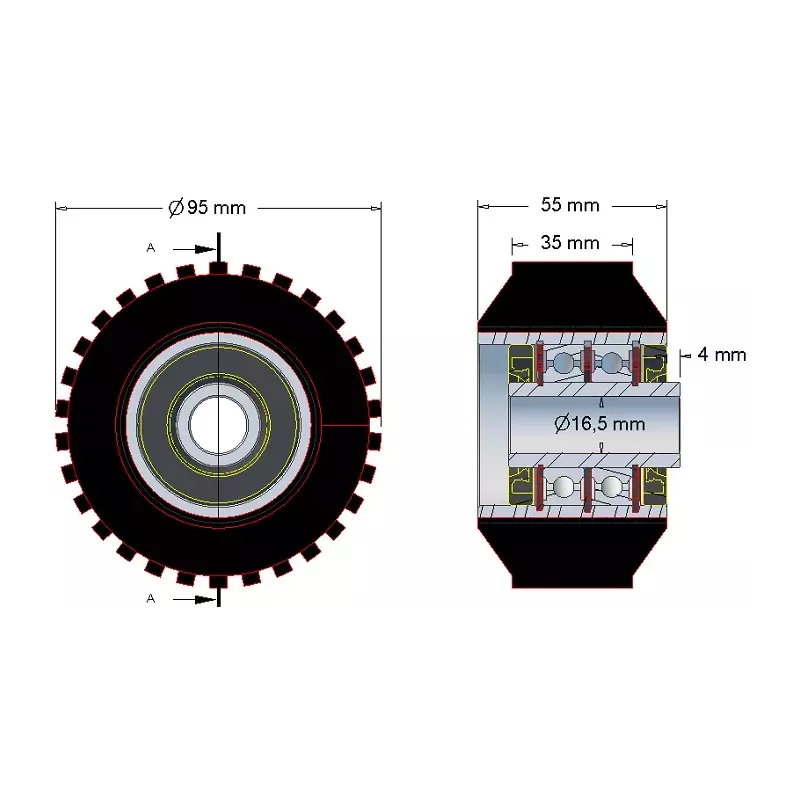 Rouleau n° 26 – rouleau porteur en acier-caoutchouc Ø95 mm pour machines ROPA | OEM ROPA 252079 | fabricant KiJ