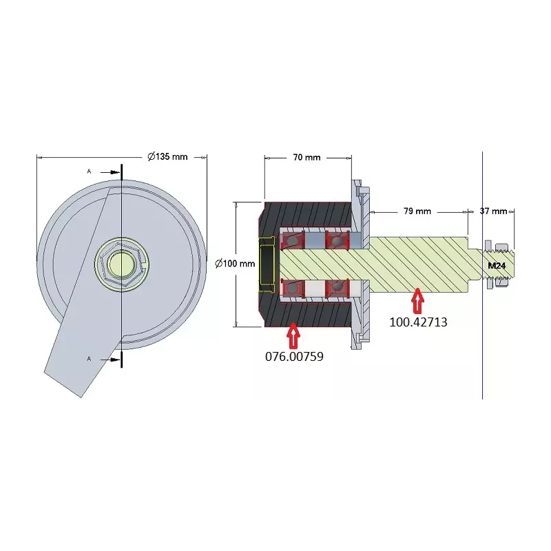 Rouleau n° 122 – rouleau de renvoi en acier-caoutchouc Ø100 mm pour machines Grimme | OEM Grimme 200.43275, 076.00759, 100.43275 | fabricant KiJ