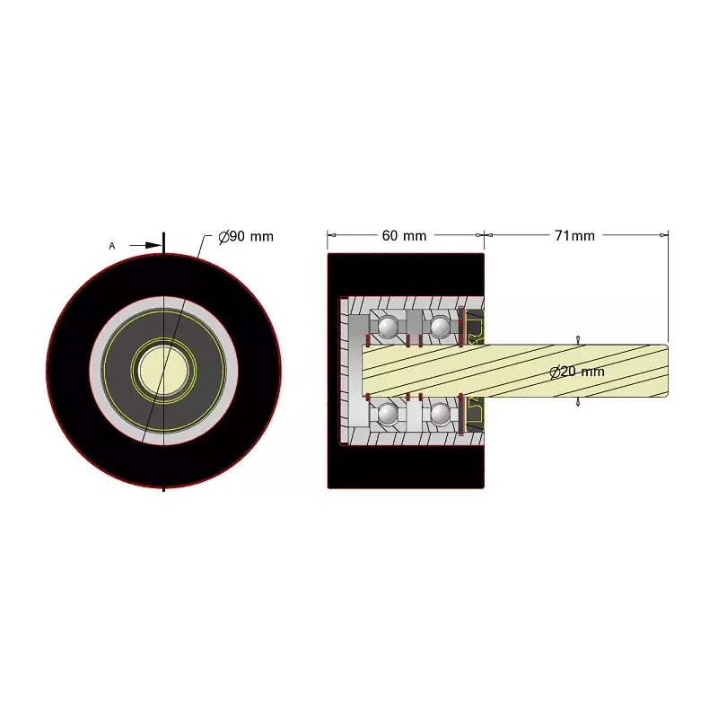 Rouleau n° 294a – rouleau porteur en acier-caoutchouc Ø90 mm pour machines Dewulf | fabricant KiJ