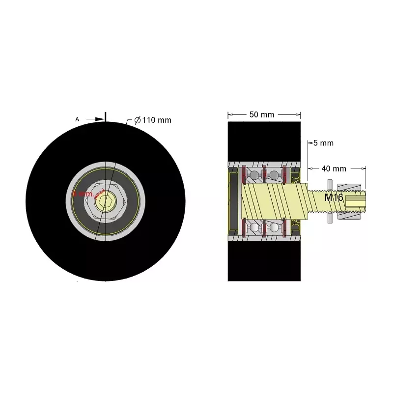 Rouleau n° 312 – rouleau porteur en acier-caoutchouc Ø110 mm pour machines Guaresi | OEM Guaresi P7300572000 | fabricant KiJ