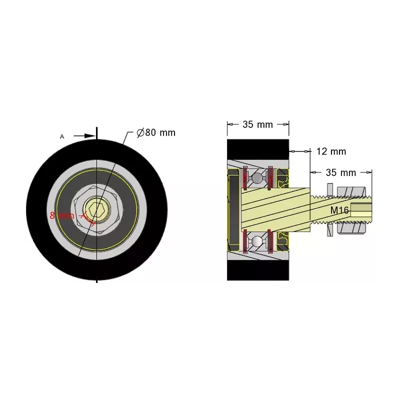 Rouleau n° 313 – rouleau porteur en acier-caoutchouc Ø80 mm pour machines Guaresi | OEM Guaresi P7714120000 | fabricant KiJ