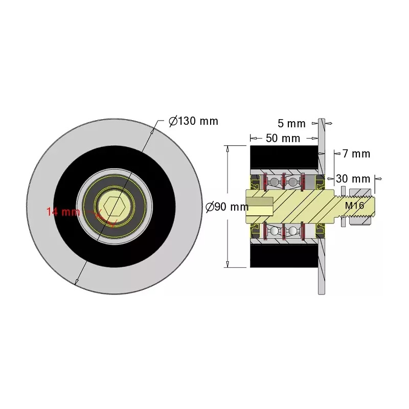 Rouleau n° 314a – rouleau porteur en acier-caoutchouc Ø90 mm pour machines Guaresi | fabricant KiJ