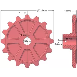 Rouleau n° 174 – roue dentée en fonte Ø210 mm | OEM 035068 | fabricant KiJ