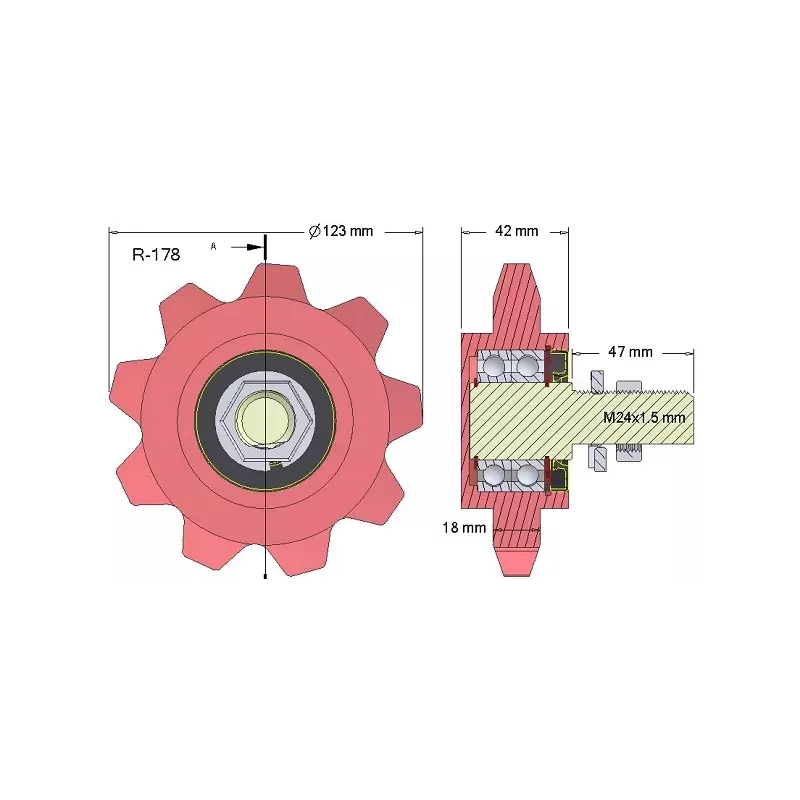 Rouleau n° 178 – roue dentée en fonte Ø123 mm | OEM 036240/1 | fabricant KiJ